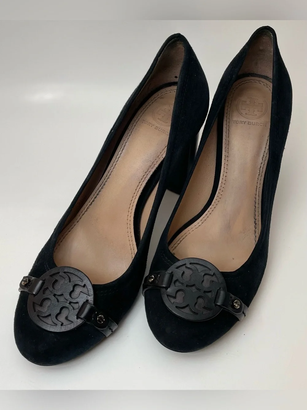 Tory Burch Mini Miller Black Suede Block-Heel Pumps with Medallion Accent